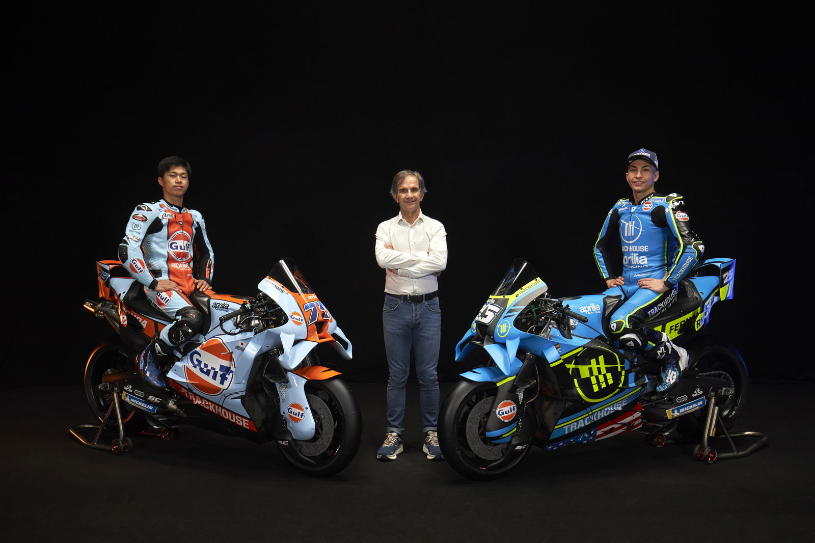 Ai Ogura and Raul Fernandez on 2026 Trackhouse Aprilias with Davide Brivio between them. Credit: Trackhouse Racing.