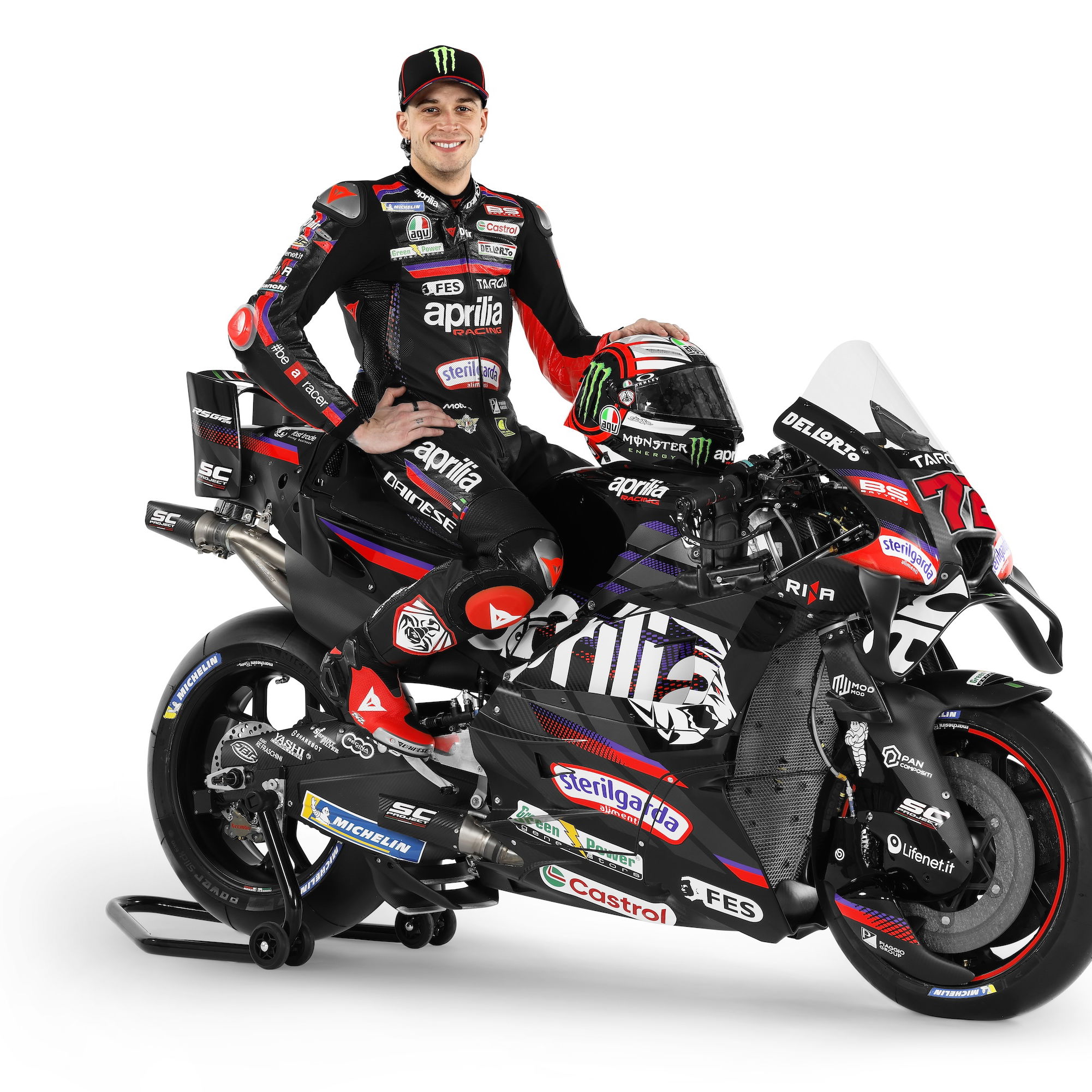 Marco Bezzecchi in 2026 Aprilia Racing team launch photoshoot. Credit: Aprilia Racing.