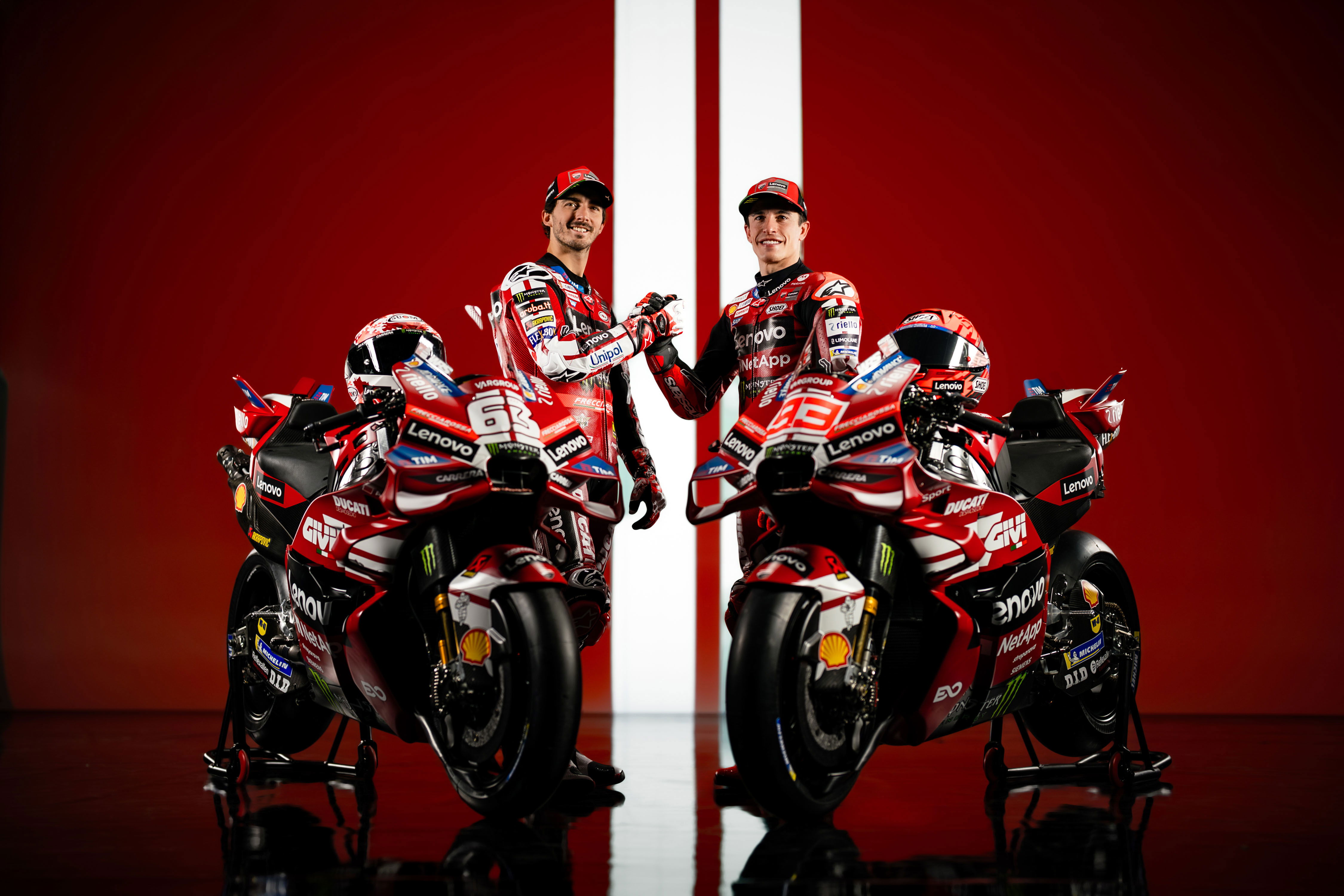 Francesco Bagnaia, Marc Marquez with 2026 Ducati Desmosedici. Credit: Ducati.