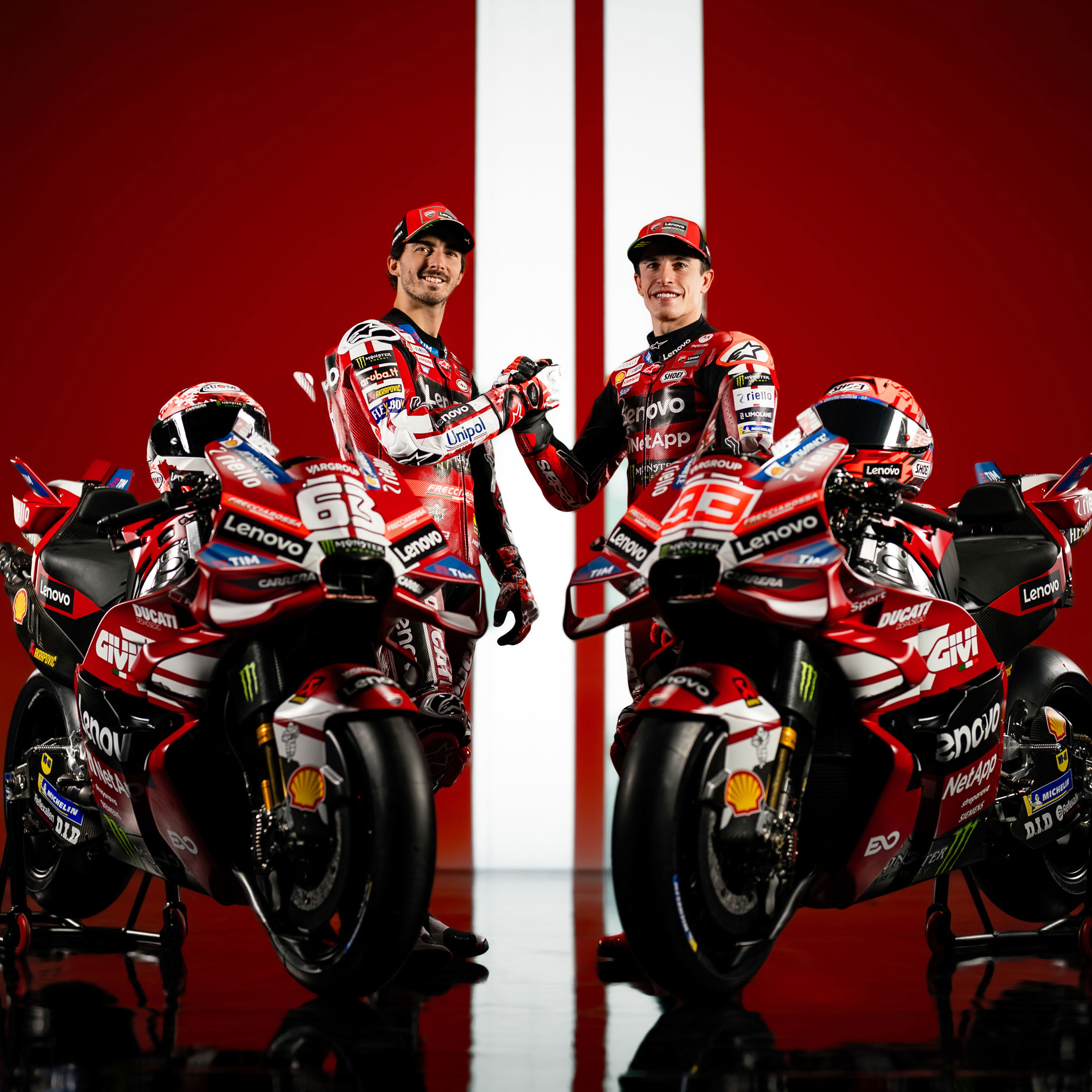Francesco Bagnaia, Marc Marquez with 2026 Ducati Desmosedici. Credit: Ducati.
