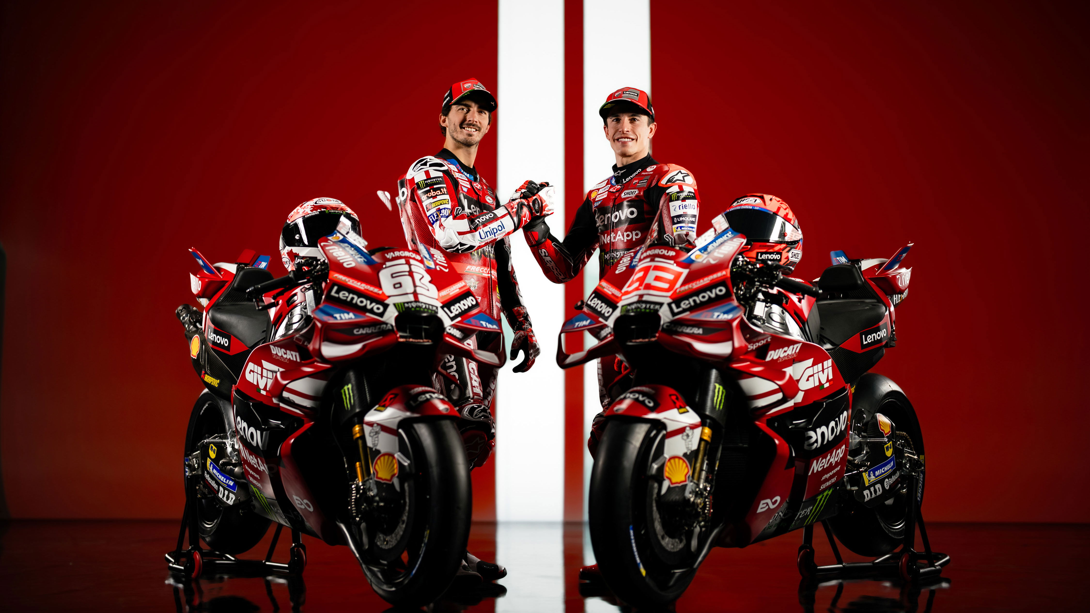 Francesco Bagnaia, Marc Marquez with 2026 Ducati Desmosedici. Credit: Ducati.
