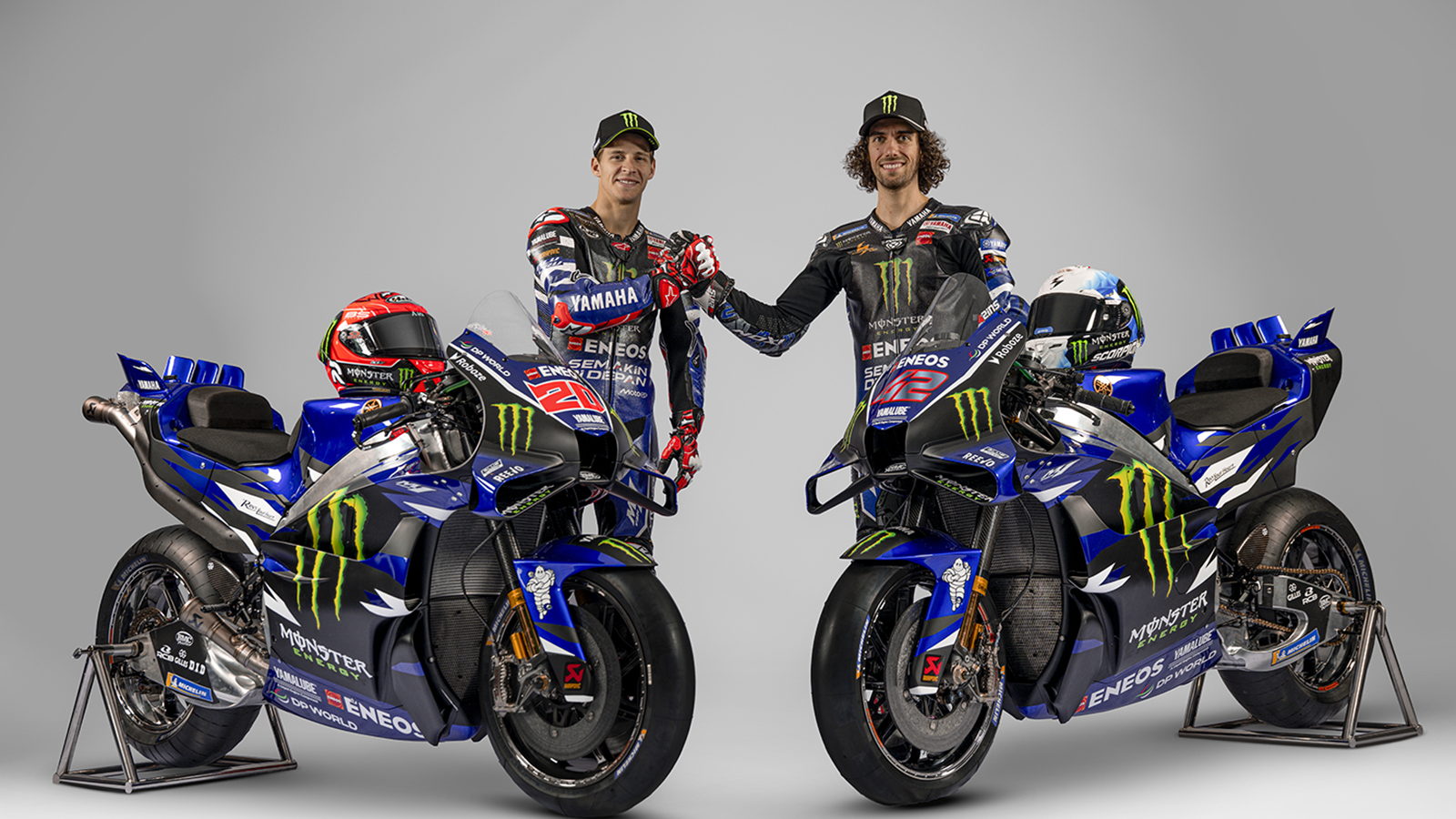 Fabio Quartararo and Alex Rins with 2026 Yamaha MotoGP bike. Credit: Yamaha.