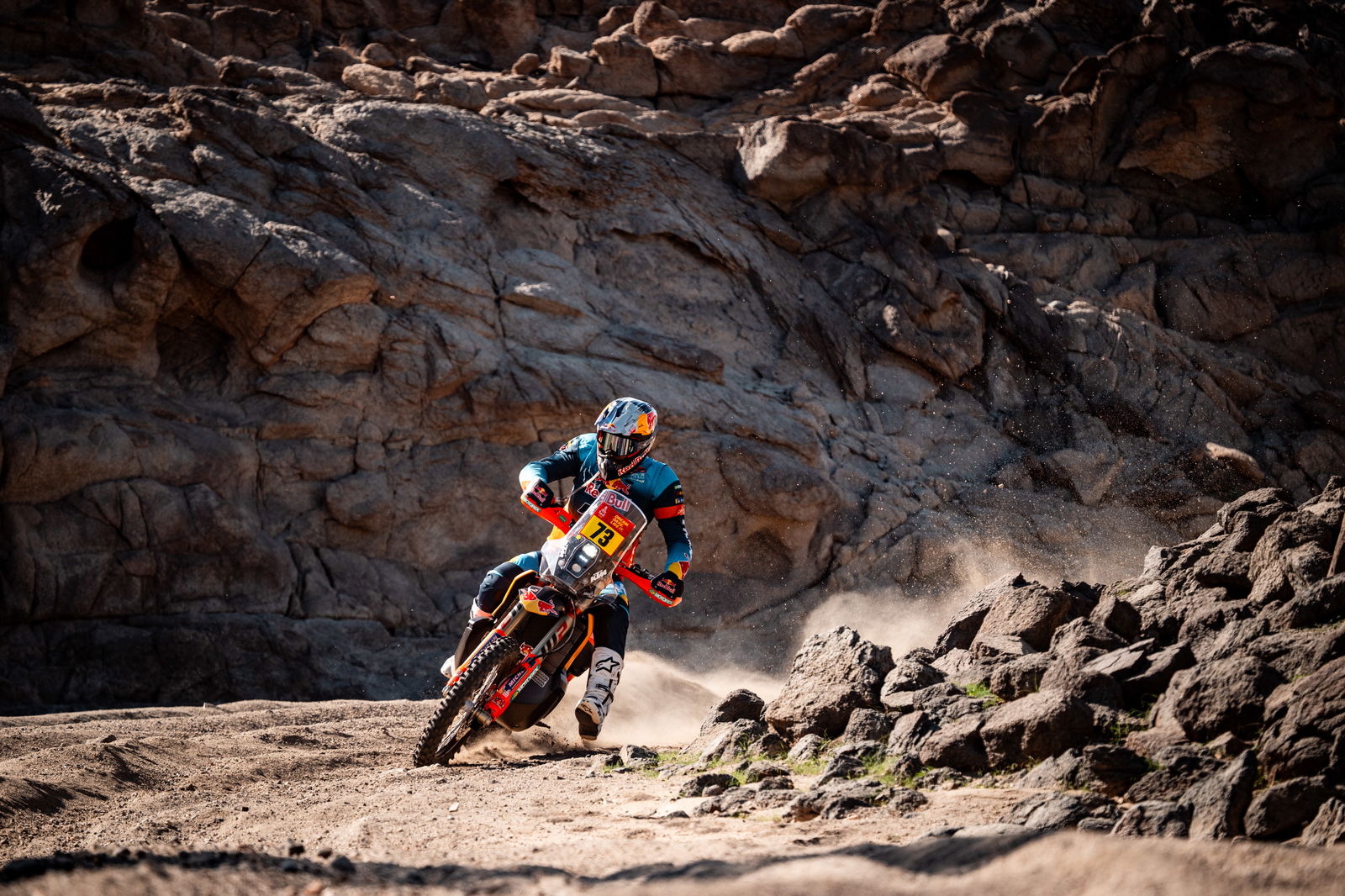 A KTM 450 Rally motorcycle in action at the 2026 Dakar