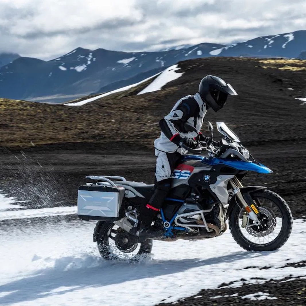 riding a BMW in the snow
