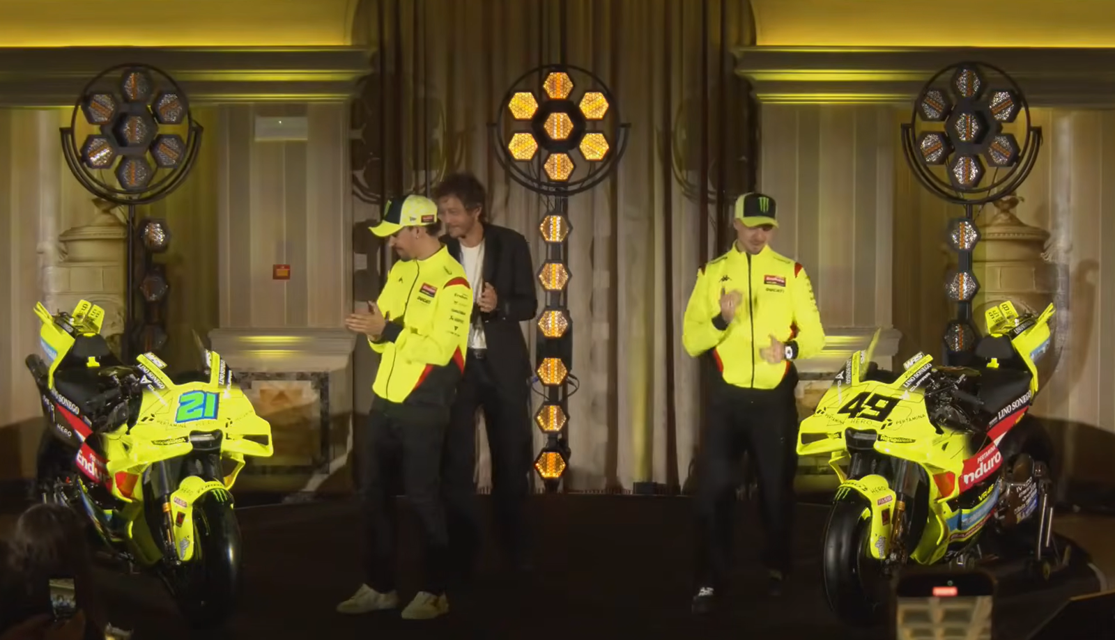 Franco Morbidelli, Fabio Di Giannantonio reveal 2026 VR46 Ducati livery. Credit: YouTube/MotoGP.