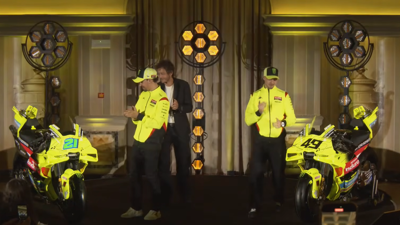 Franco Morbidelli, Fabio Di Giannantonio reveal 2026 VR46 Ducati livery. Credit: YouTube/MotoGP.