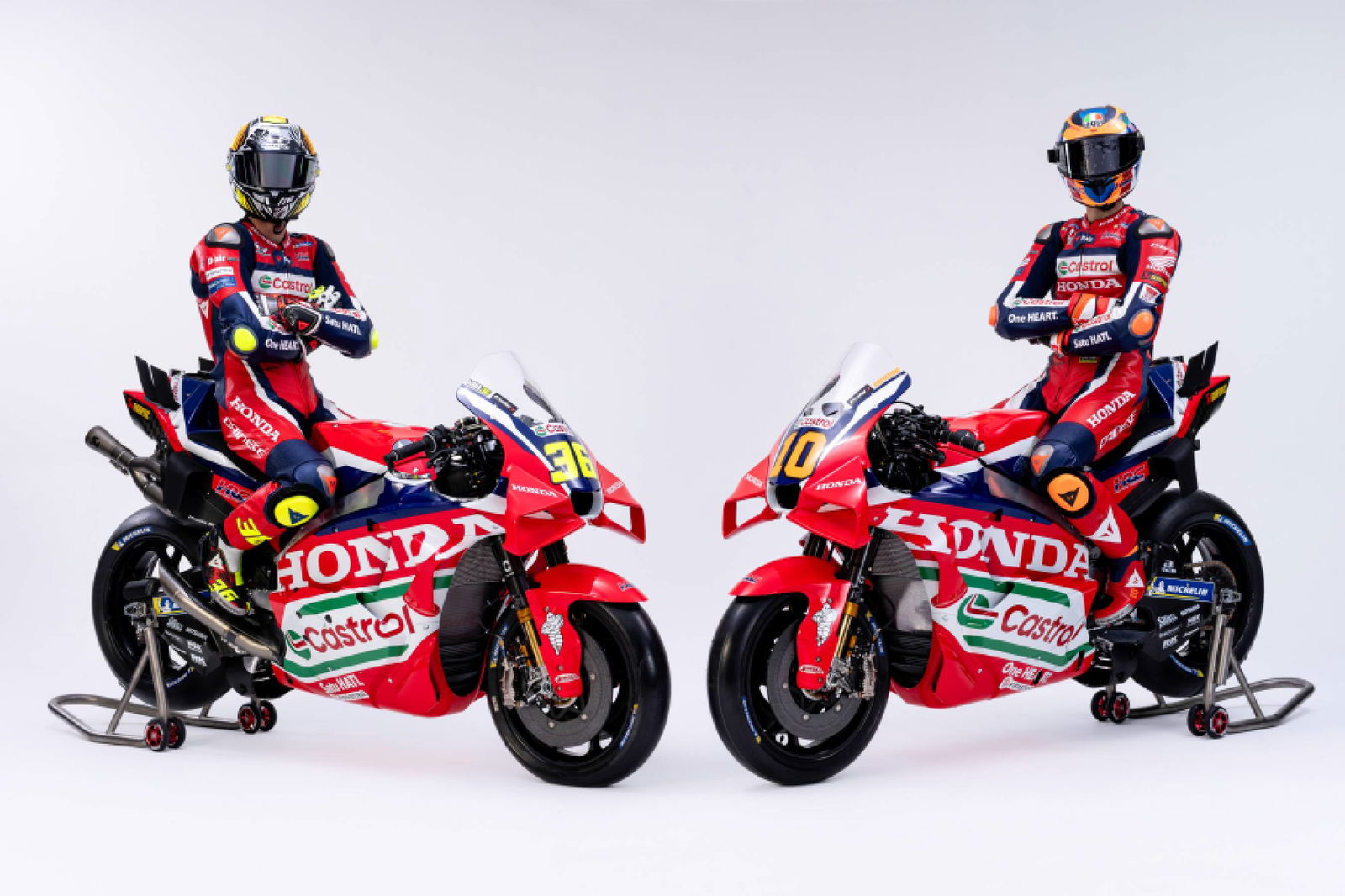 Joan Mir, Luca Marini, on 2026 factory Honda MotoGP bikes. Credit: Honda Racing Corporation.