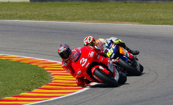 Max Biaggi leads Valentino Rossi, 2002 MotoGP Italian Grand Prix. - Gold and Goose