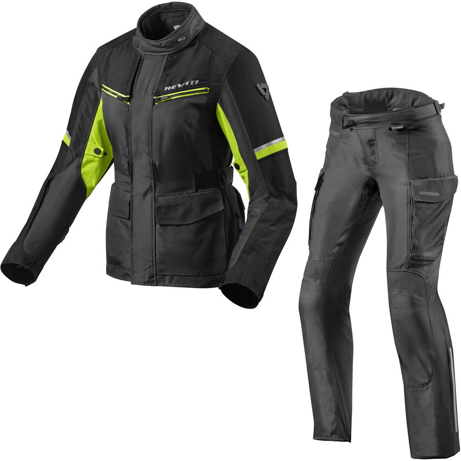 Rev It Outback 3 Ladies Motorcycle Jacket & Trousers Black Neon Yellow Kit