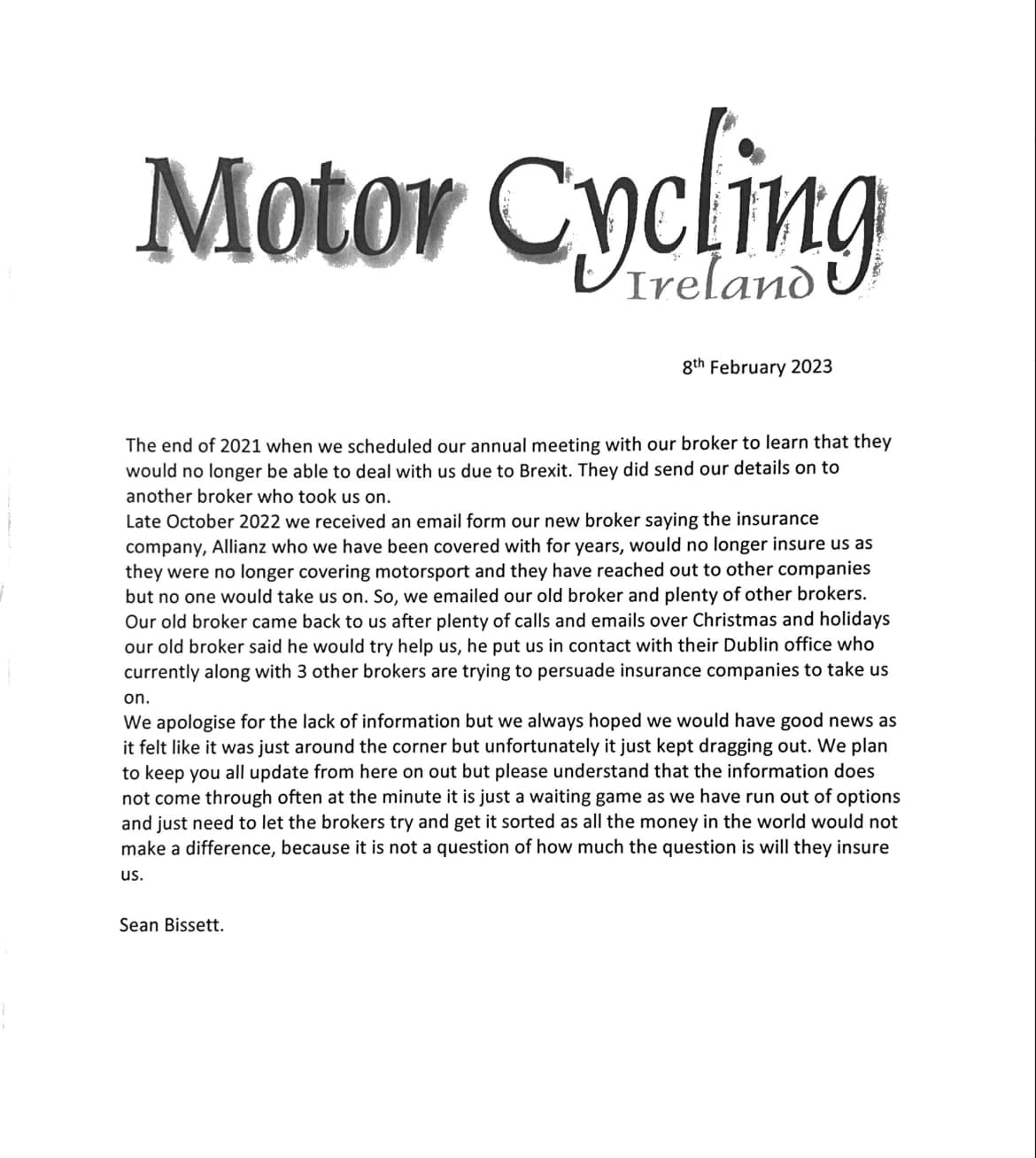 Motorcycling Ireland statement on insurance for 2023.