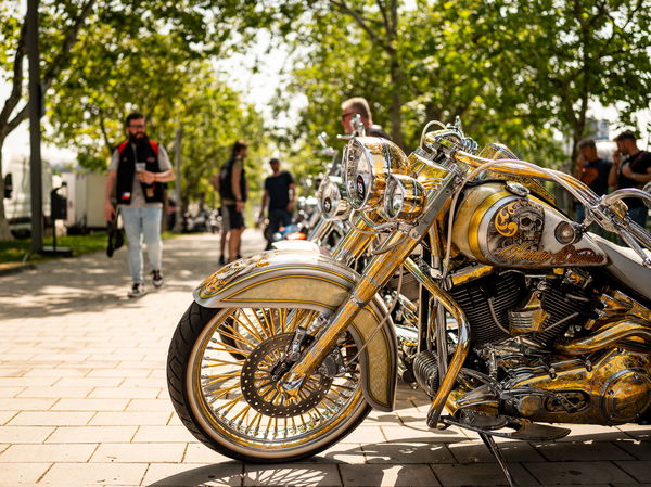 The line of bikes in the Harley-Davidson Custom Bike Show