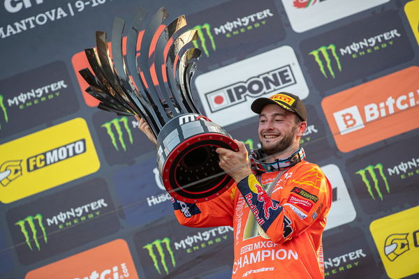 Jeffrey Herlings lifts MXGP Championship trophy at MXGP of Mantova, 2021. - KTM Media/Ray Archer.