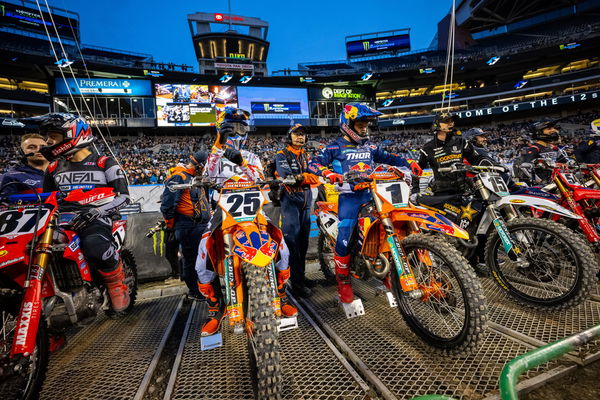 Marvin Musquin, Cooper Webb, start gate, 2022 Seattle Supercross. - KTM Media/Align Media.