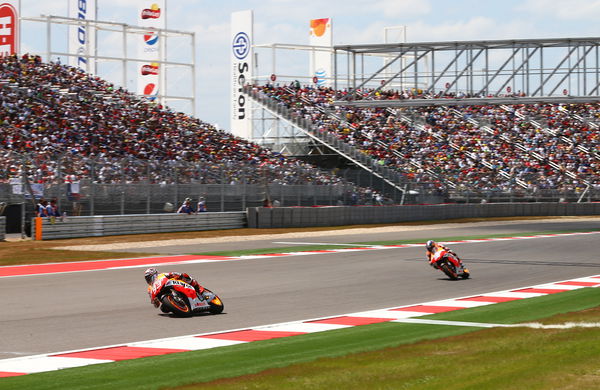 Marc Marquez leads Dani Pedrosa, 2013 GP of the Americas.