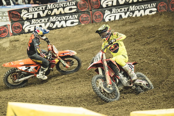 Justin Barcia leads Cooper Webb, 2023 Indianapolis Supercross. - GasGas/Align Media