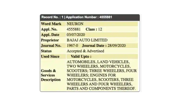 Bajaj Neuron trademark application