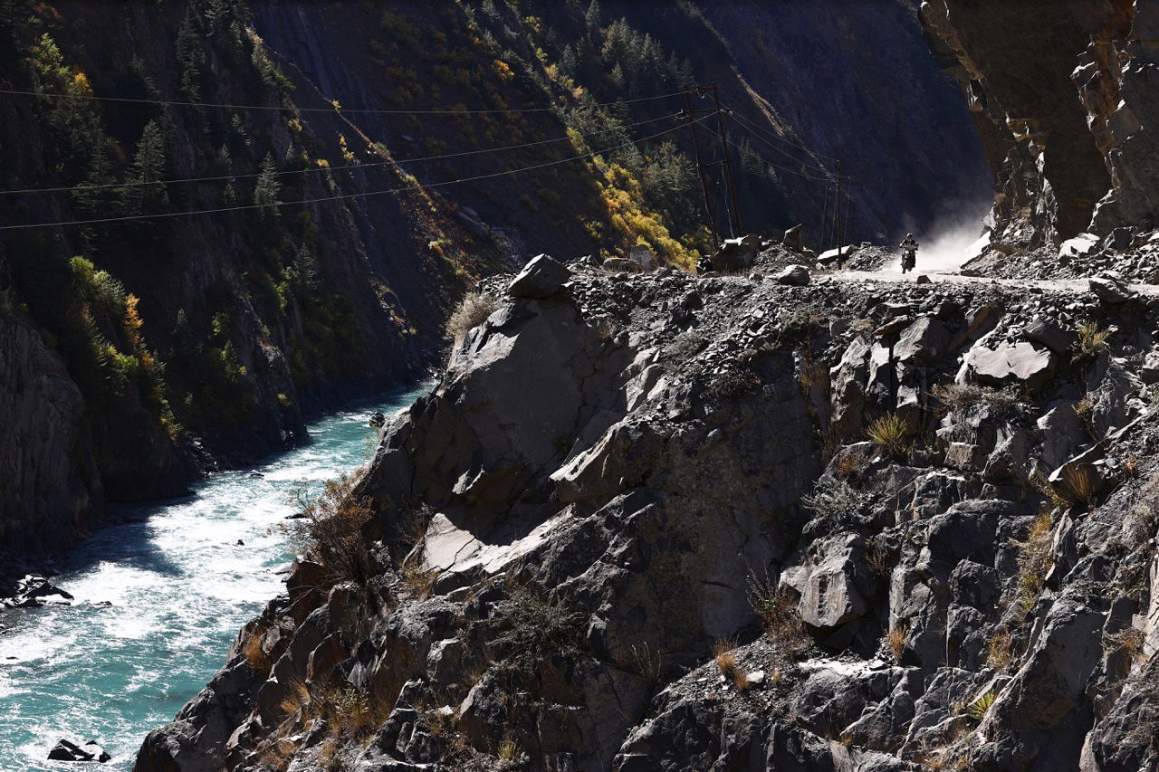 A motorcycle on a 'balcony' road in the Himalayas