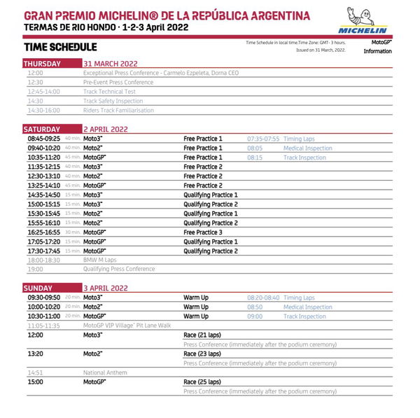 2022 Argentinian Grand Prix revised schedule.