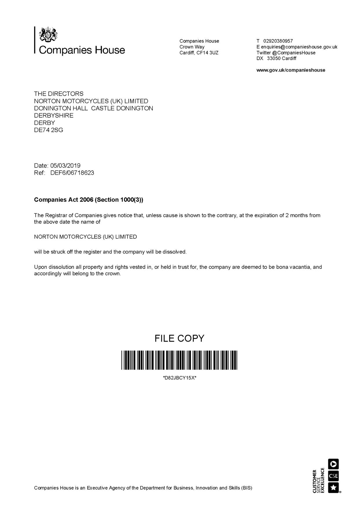 Companies House issues notice to dissolve Norton Motors UK Ltd