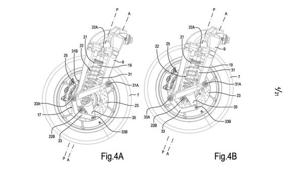 Piaggio Watt's linkage suspension patent drawing. - Motorrad