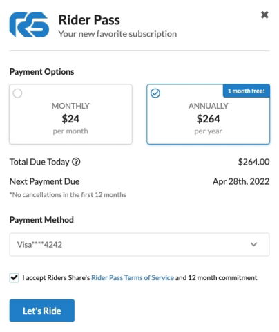 riders share subscription pricing