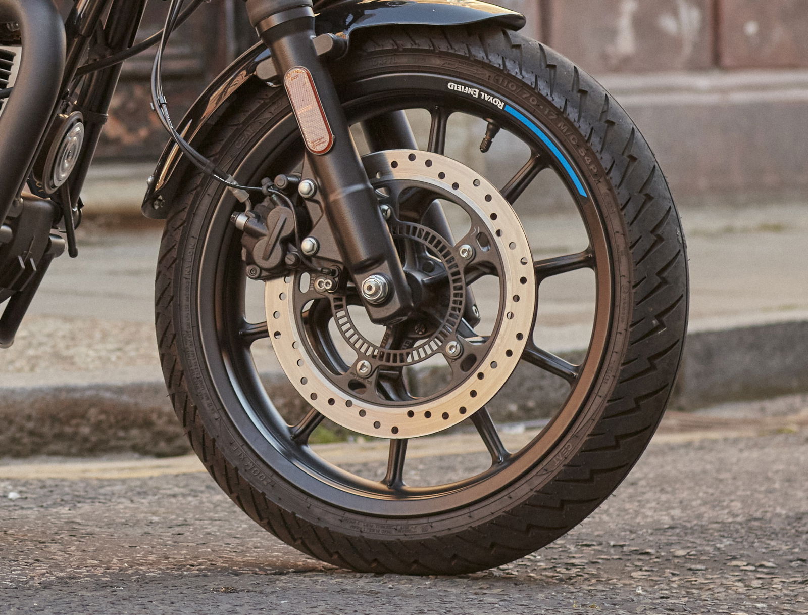 the front wheel and brake of the hunter 350 motorcycle