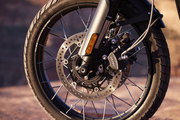 The front suspension and brake on the new 2024 Scrambler 1200 X