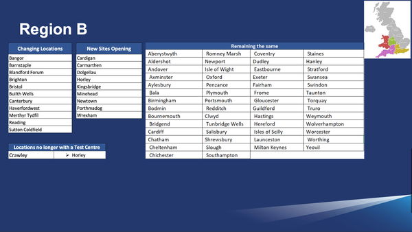 Region B theory test centres