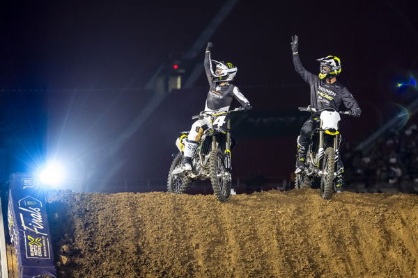 Ricky Carmichael, Jeff Stanton on 2024 Triumph MX bike at 2023 LA Coliseum SMX. - Triumph