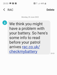 Text sent from RAC to Will Norman regarding a breakdown at 20:53, 21 June.