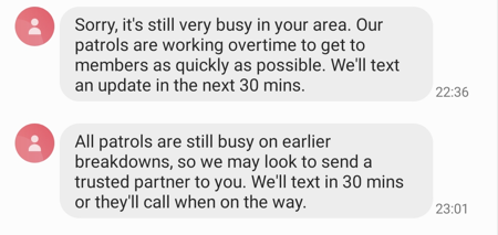 Texts sent from RAC to Will Norman regarding a breakdown at 22:36 and 23:01 21 June.