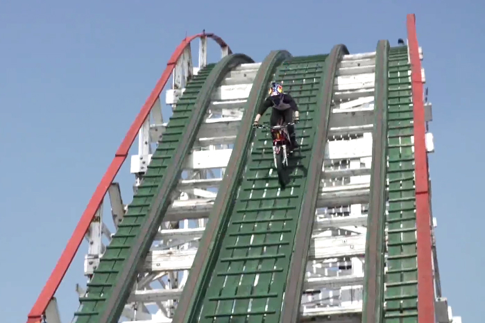 Red Bull trials rider takes on roller coaster