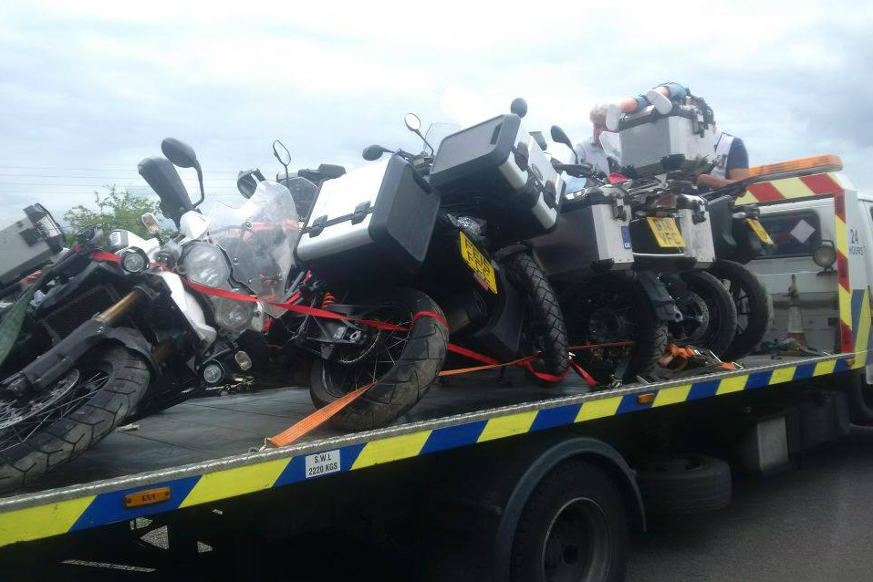 Transport firm delivers bikes stacked like fallen dominoes