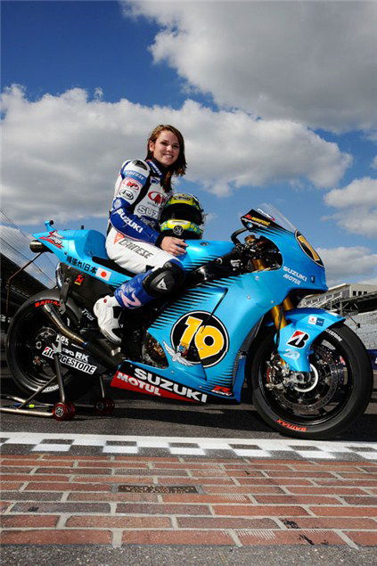 Elena Myers rides Suzuki GSV-R at Indy