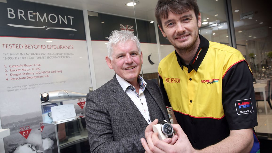 Conor Cummins with Neil Dunwell from Dunwell Jewellers, Manx Bremot dealer