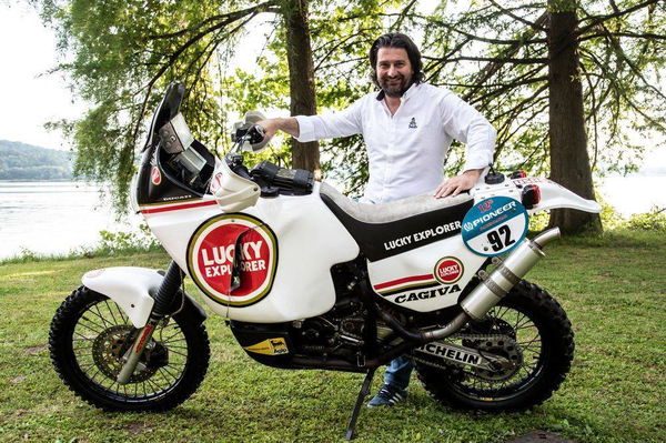 Lucky Explorer Cagiva Elefant 900 at 2023 Dakar Rally presentation in Schiranna.