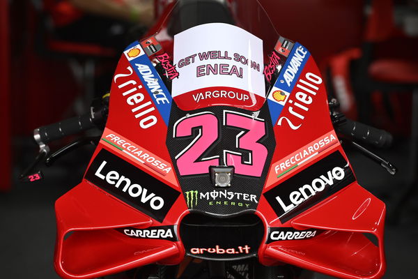 #23 Ducati Desmosedici GP with "Get Well Soon Enea" message displayed in screen.