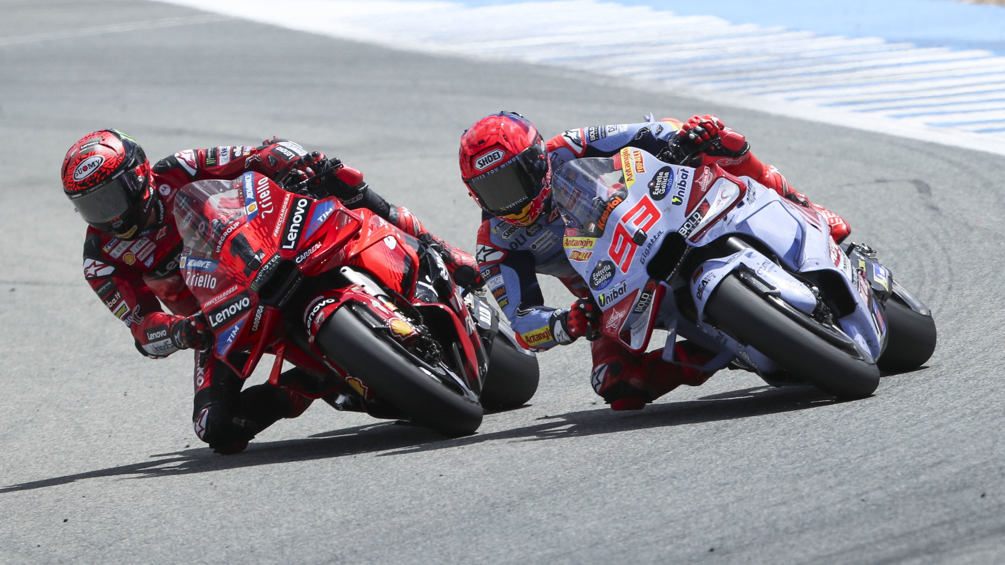 Francesco Bagnaia, Marc Marquez, 2024 MotoGP Spanish Grand Prix. - Gold and Goose