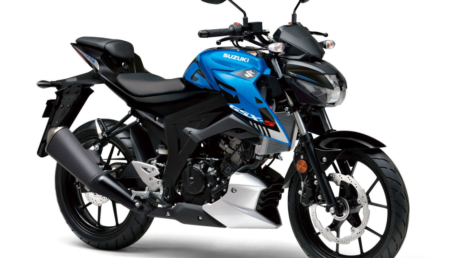 Suzuki GSX-S125, blue, front quarter shot.