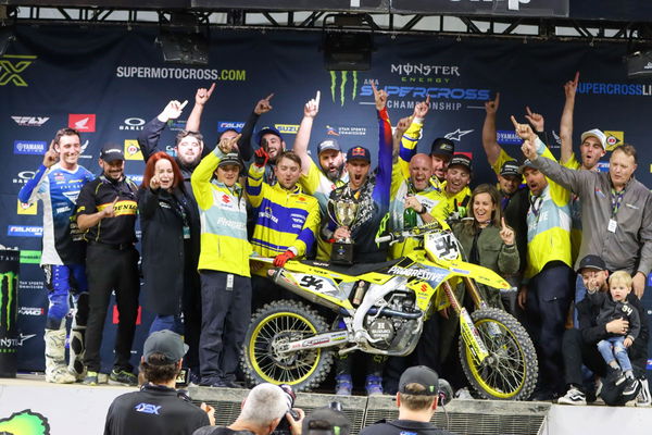 Ken Roczen &amp; HEP Suzuki team celebrate 2023 Indianapolis Supercross win. - Suzuki Cycles/BrownDogWilson