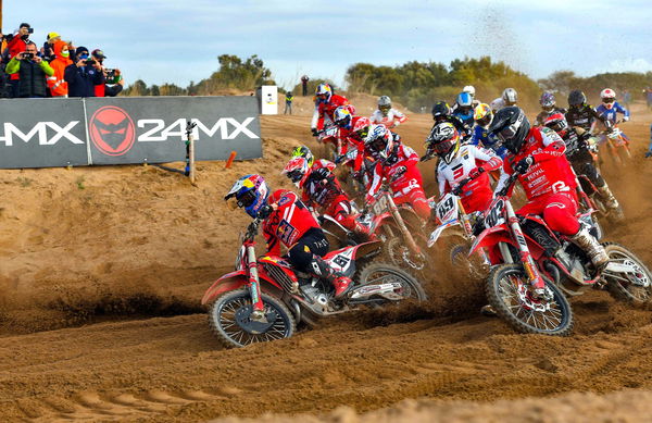 Jorge Prado leads MXGP field into turn one, 2022 MXGP of Sardegna. - GasGas Media/S. Taglioni