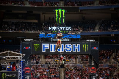 Marvin Musquin celebrates 2022 St. Louis Supercross win. - KTM Media/Align Media.