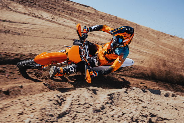 2023 KTM 300 SX mid-corner. - KTM Media.