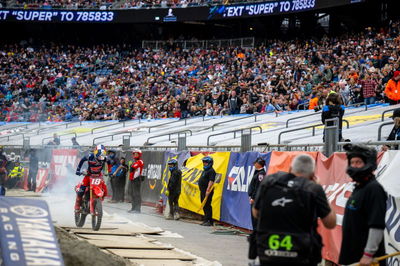 Jett Lawrence does a burnout after winning 2022 250SX East title in Foxborough. - Honda Racing Corporation.