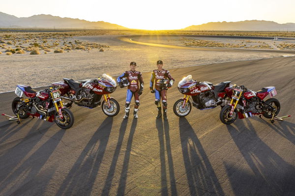 Jeremy McWilliams & Tyler O'Hara with Indian FTR750 & Indian Challenger at 2023 Indian Motorcycle Racing team launch.