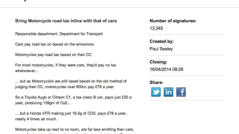 E-petition demands motorcycles be taxed in the same way as cars
