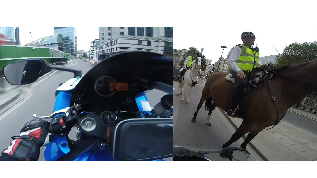 Wheelie biker gets stern telling off from mounted copper