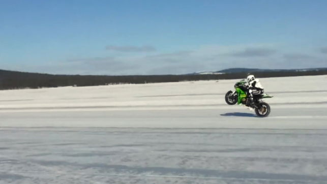 Swedish racer breaks record for fastest motorcycle wheelie on ice