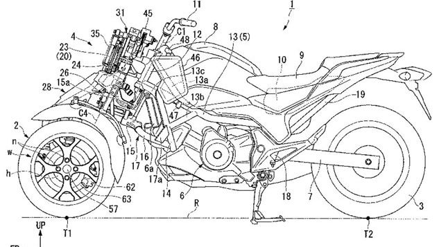 Honda files patents for leaning three-wheeled motorcycle
