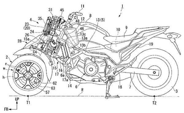 Honda files patents for leaning three-wheeled motorcycle